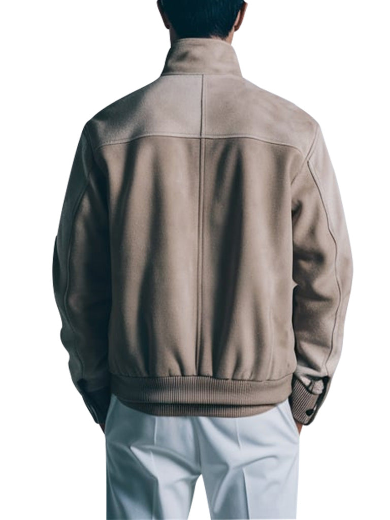 Men's Beige Casual Suede Bomber Jacket