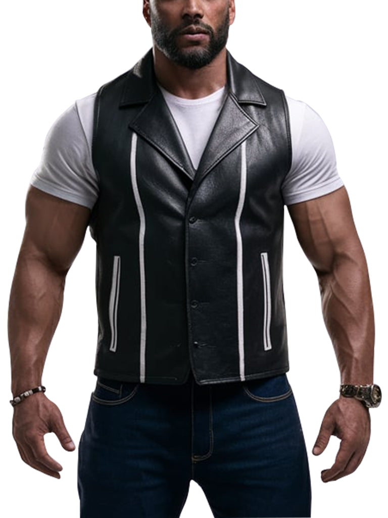 Men's Black Cinch Leather Vest With White Stripe Detailing