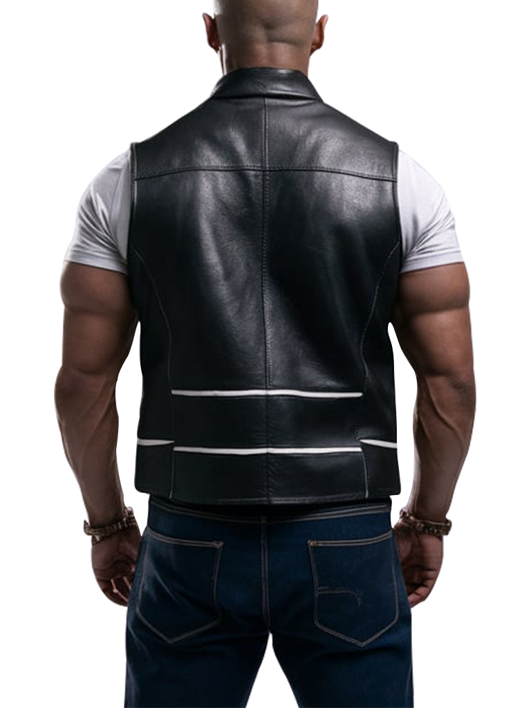 Men's Black Cinch Leather Vest With White Stripe Detailing