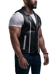 Men's Black Cinch Leather Vest With White Stripe Detailing