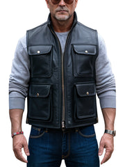 Men's Black Leather Utility Vest With Multiple Pockets