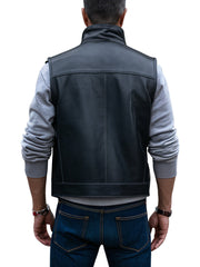 Men's Black Leather Utility Vest With Multiple Pockets