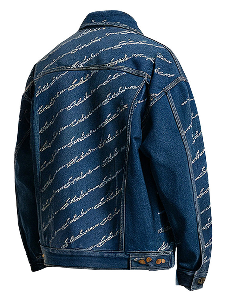 Men's Blue Denim Jacket With White Script Embroidery