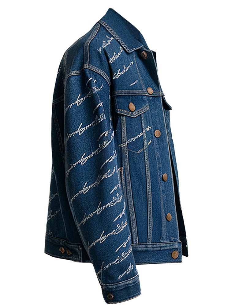 Men's Blue Denim Jacket With White Script Embroidery