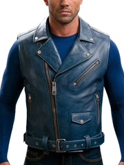 Men's Blue Luxe Leather Biker Vest