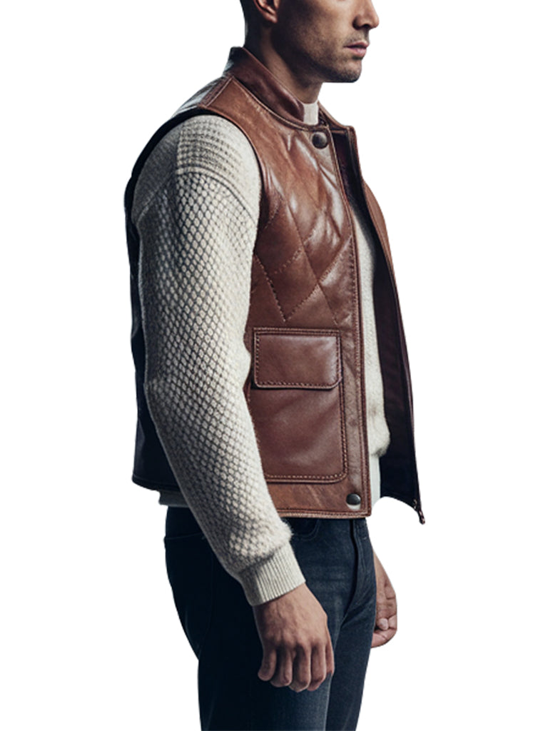 Men's Brown Quilted Crest Leather Vest