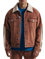 Men's Brown Warm & Stylish Denim Jacket With Shearling Collar