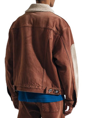 Men's Brown Warm & Stylish Denim Jacket With Shearling Collar