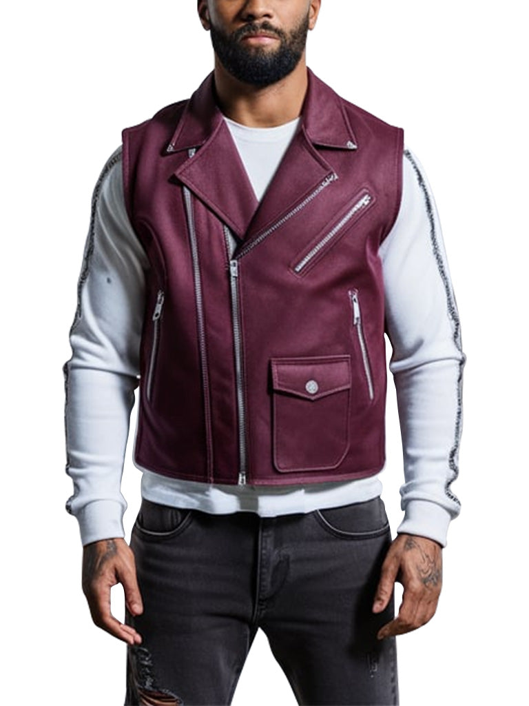 Men's Burgundy Leather Biker Vest With Asymmetrical Zipper