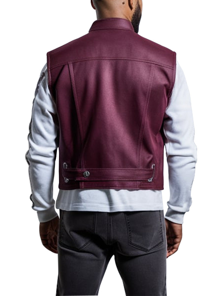 Men's Burgundy Leather Biker Vest With Asymmetrical Zipper