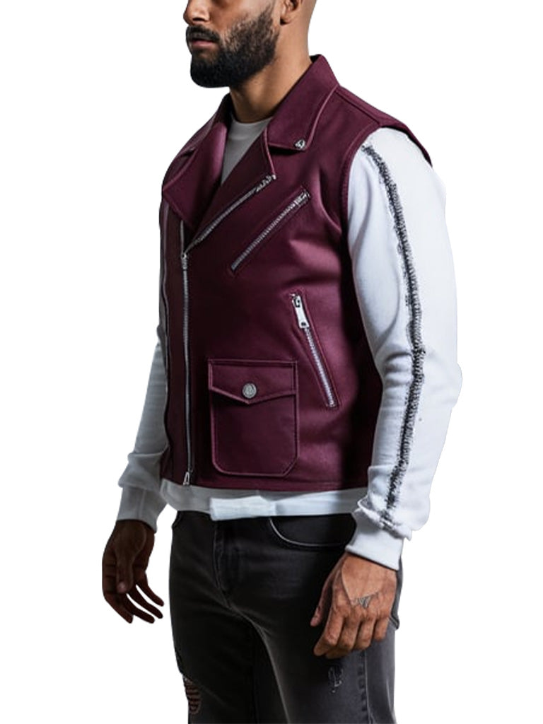 Men's Burgundy Leather Biker Vest With Asymmetrical Zipper