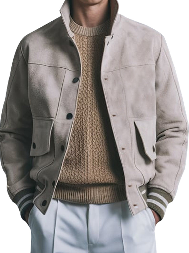 Men's Classic Beige Suede Bomber Jacket