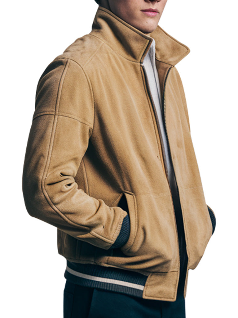 Men's Classic Tan Suede Bomber Jacket