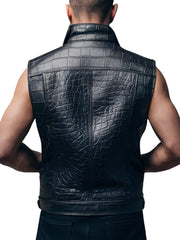 Men's Crocodile Pattern Black Leather Vest