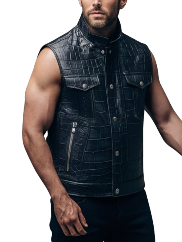 Men's Crocodile Pattern Black Leather Vest