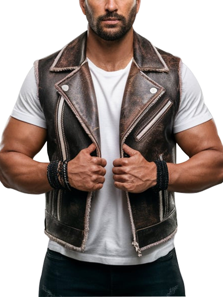 Men's Distressed Brown Leather Flare Biker Vest