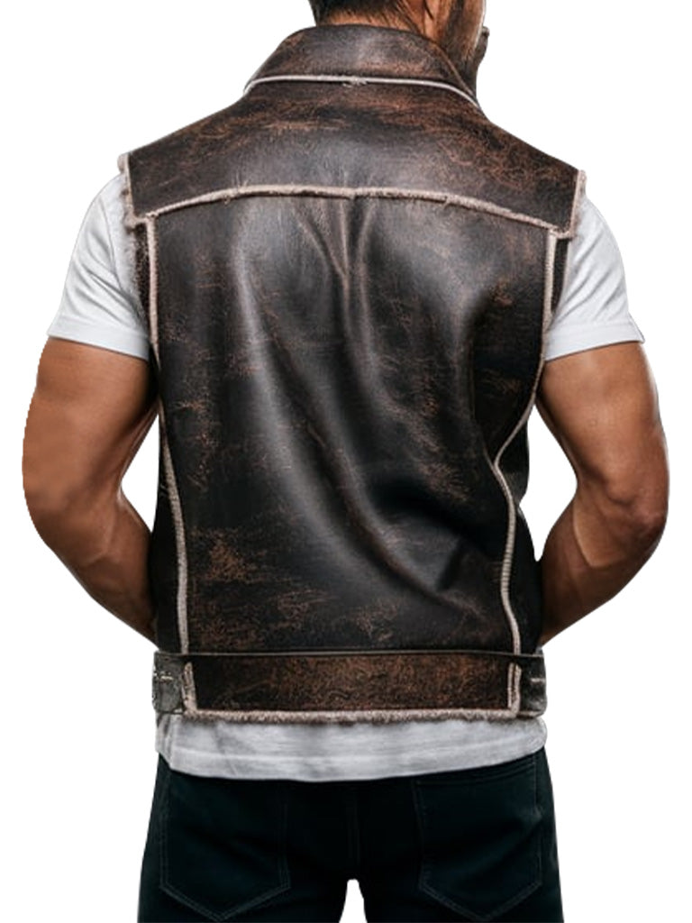 Men's Distressed Brown Leather Flare Biker Vest