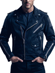 Men's Navy Blue Suede leather Moto Biker Jacket