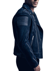 Men's Navy Blue Suede leather Moto Biker Jacket