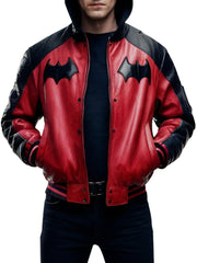 Men's Red And Black Bat-Inspired Leather Hoodie Jacket