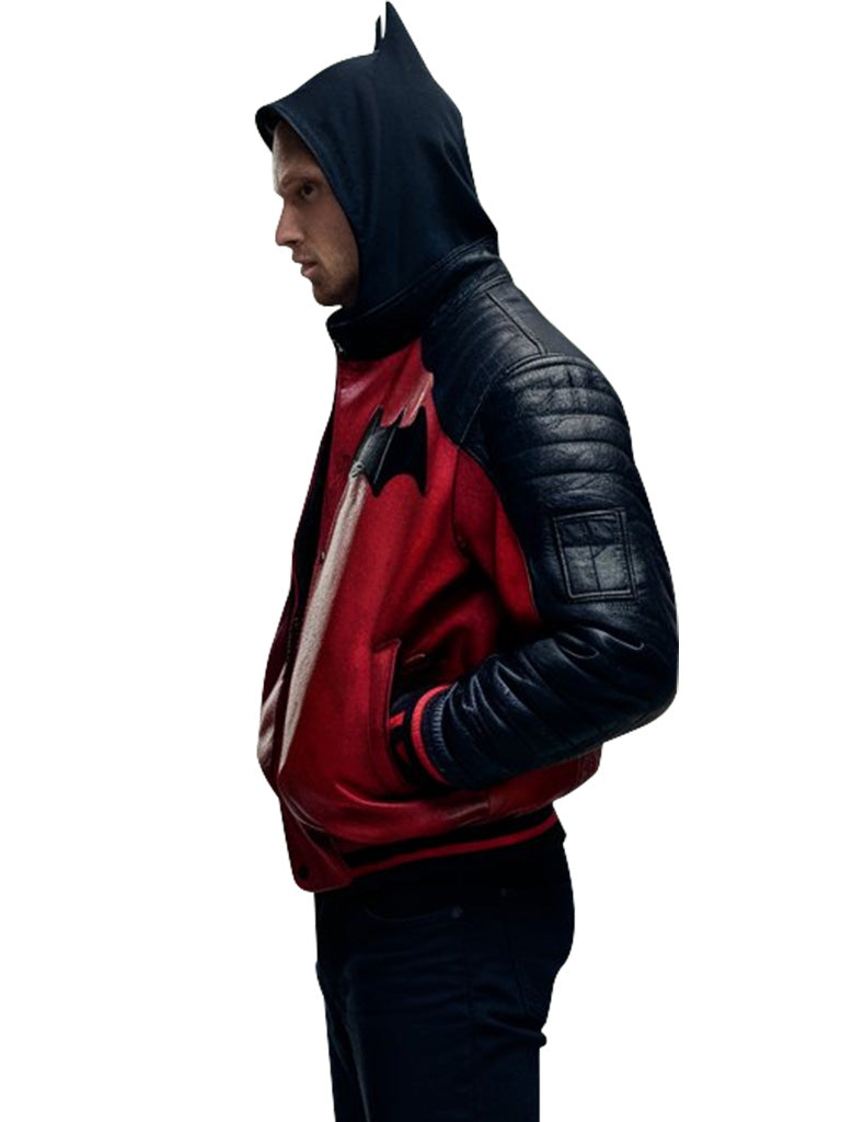 Men's Red And Black Bat-Inspired Leather Hoodie Jacket