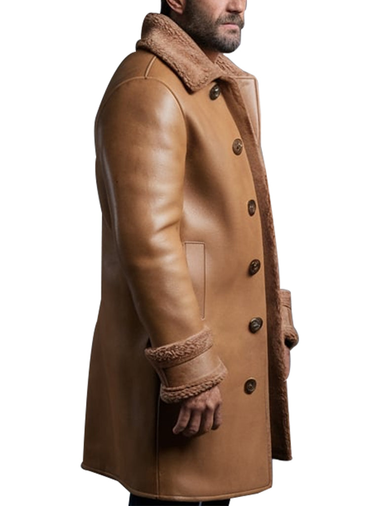 Men's Shearling-Lined Brown Leather Coat