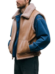 Men's Shearling Lined Leather Vest with Sherpa Collar