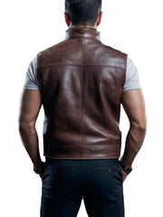 Men's Stylish Brown Stride Leather Vest With Zipper Closure