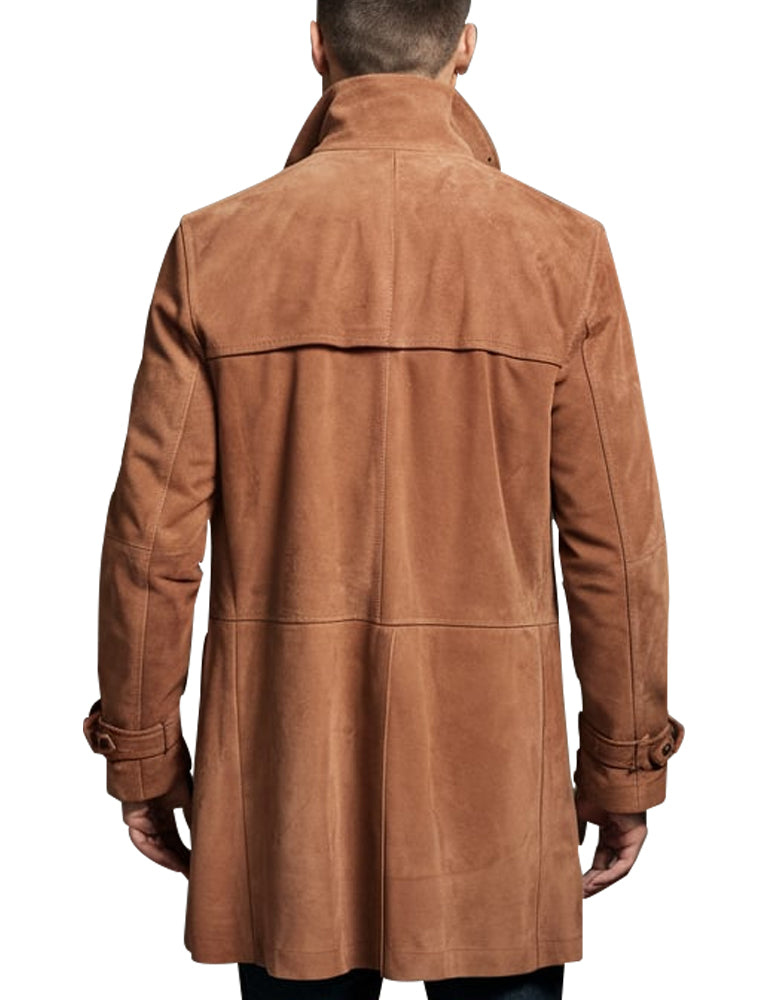 Men's Suede Leather Trench Coat In Tan Brown