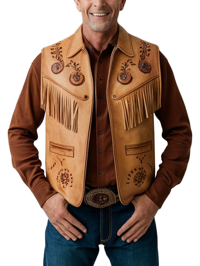 Men's Tan Leather Western Vest with Fringe & Embroidery - Classic Cowboy Style