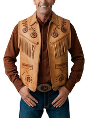 Men's Tan Leather Western Vest with Fringe & Embroidery - Classic Cowboy Style