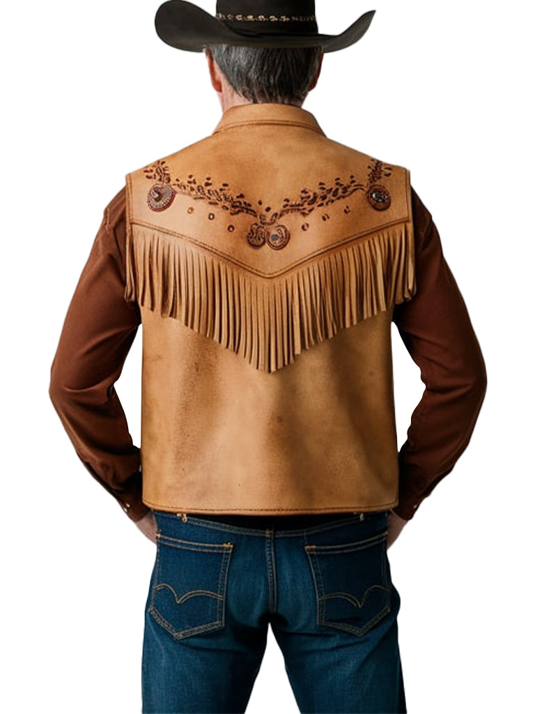 Men's Tan Leather Western Vest with Fringe & Embroidery - Classic Cowboy Style