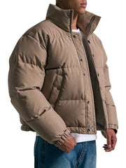 Men's Tan Puffer Jacket With High Collar