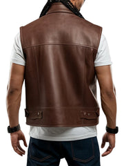 Men's Utility Style Brown Leather Vest