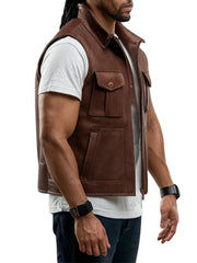 Men's Utility Style Brown Leather Vest