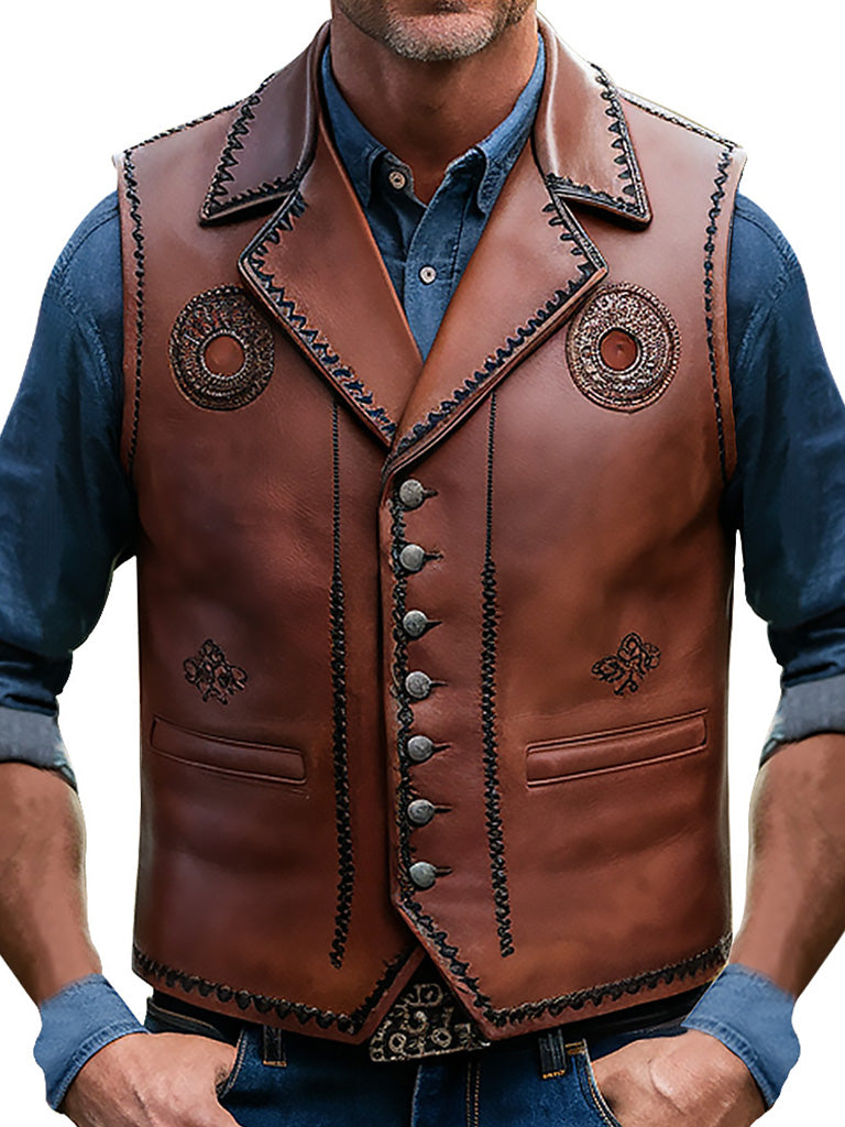 Men's Western Style Brown Leather Vest with Embroidery Design