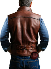 Men's Western Style Brown Leather Vest with Embroidery Design