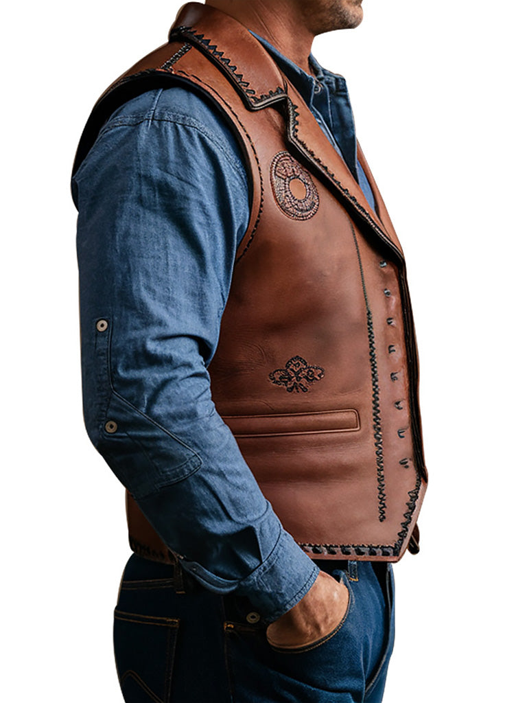 Men's Western Style Brown Leather Vest with Embroidery Design