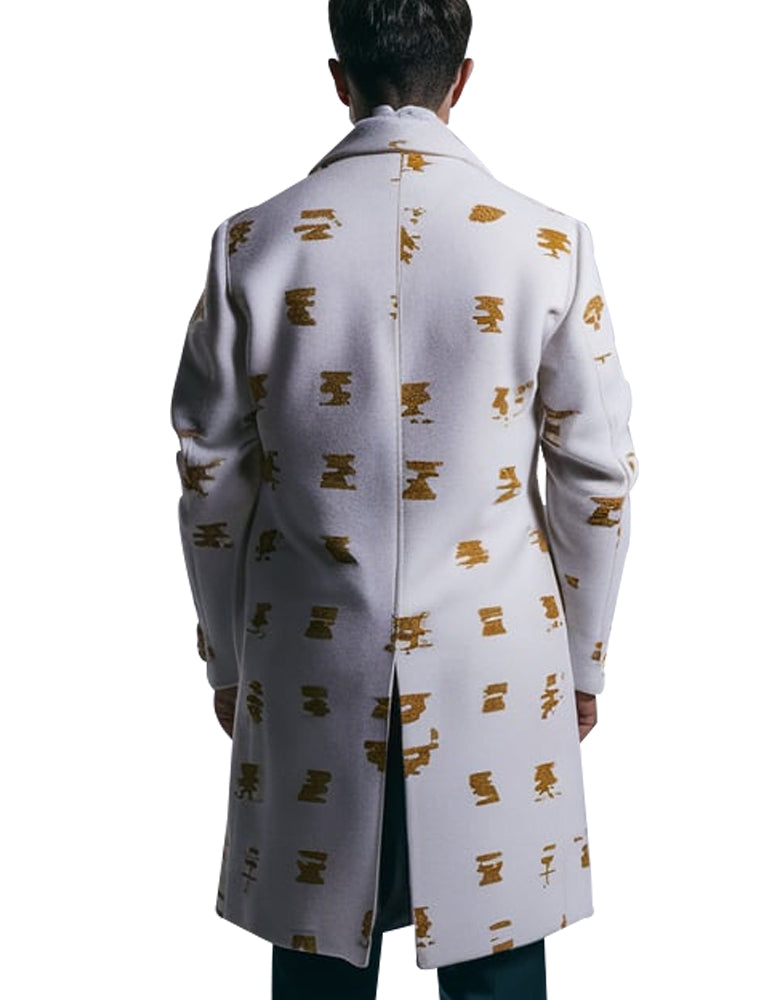 Men's White Elegant OverCoat With Gold Abstract Print