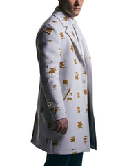 Men's White Elegant OverCoat With Gold Abstract Print