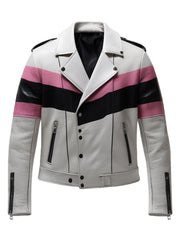 Men's White Leather Biker Jacket With Pink And Black Stripes