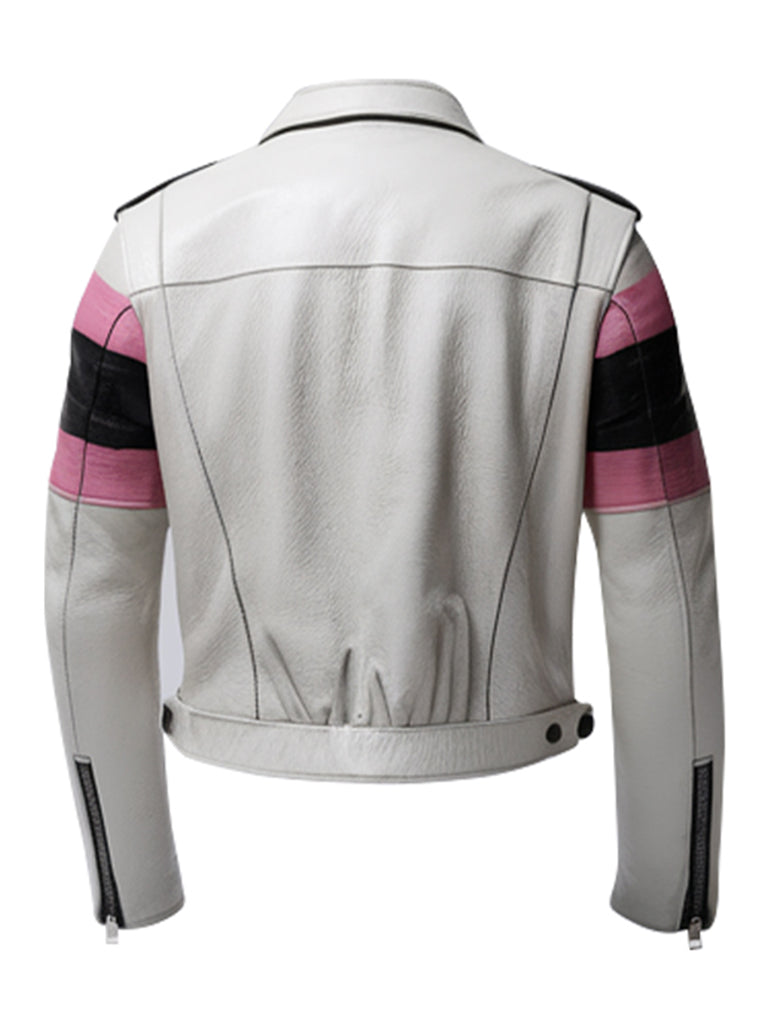 Men's White Leather Biker Jacket With Pink And Black Stripes