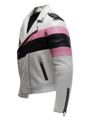 Men's White Leather Biker Jacket With Pink And Black Stripes