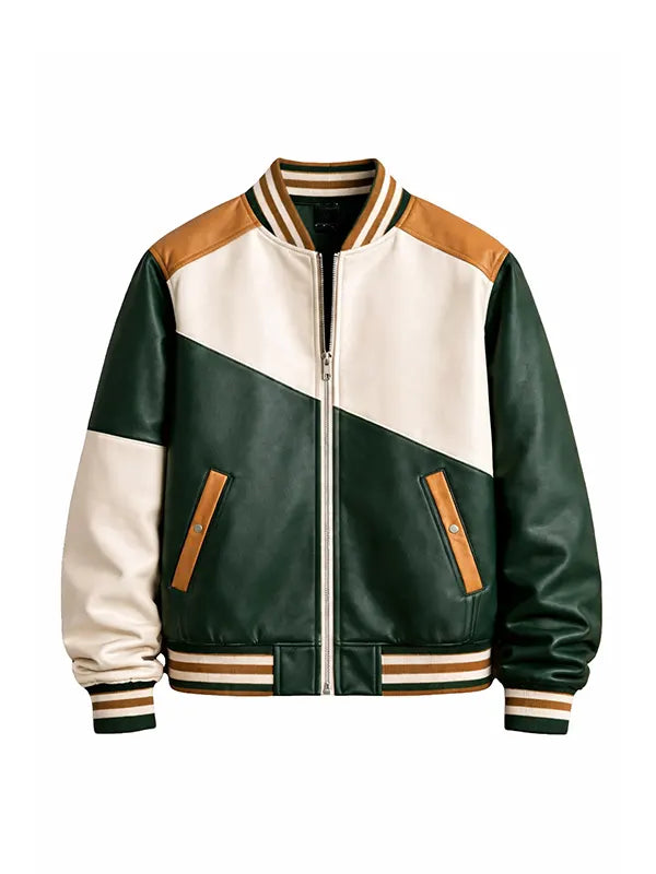 Men’s Color Block Green Varsity Leather Bomber Jacket
