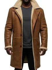 Men's Tan Shearling Sheepskin Military Coat 