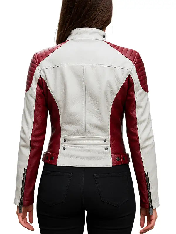 Women’s Red and White Leather Coltello Moto Biker Jacket