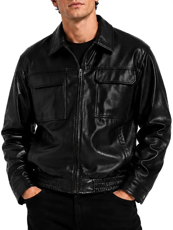 men's black genuine sheepskin leather bomber jacket