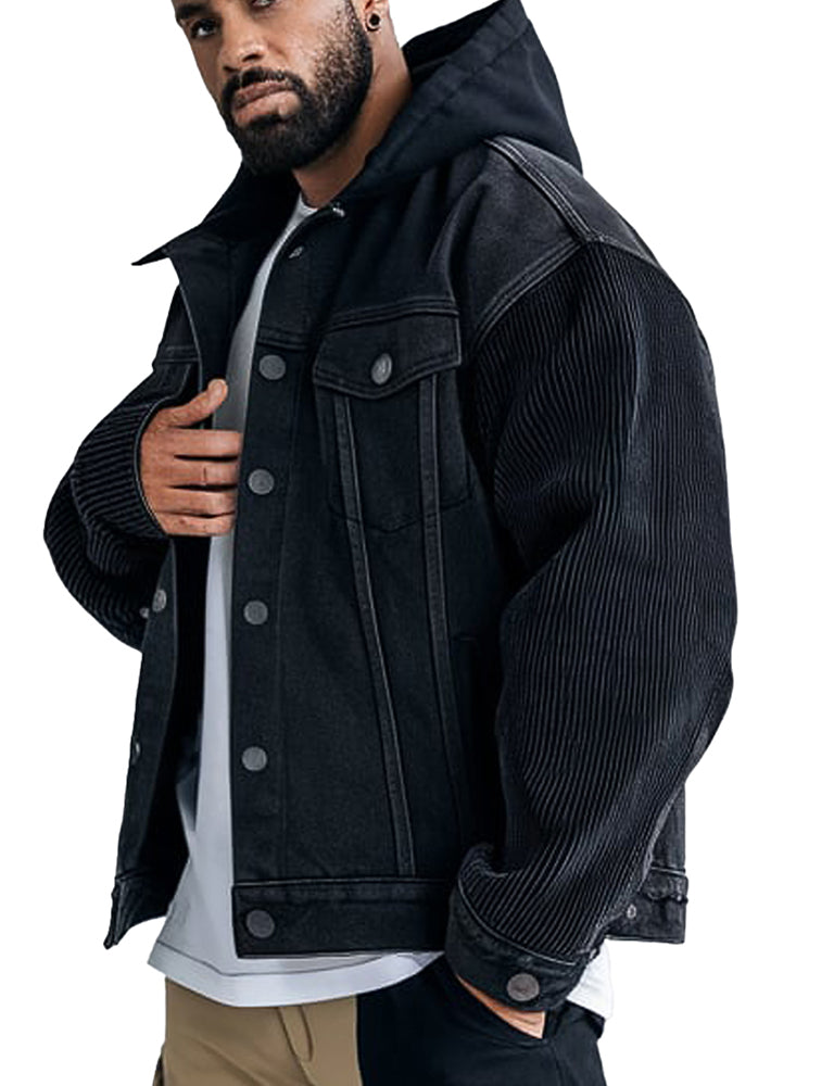 Men’s black denim jacket with removable hood