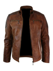 Men's brown leather racing jacket with zipper pockets
