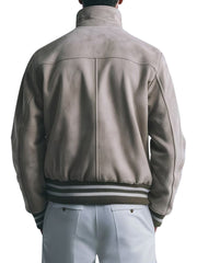 Men's classic beige suede bomber jacket with ribbed trim